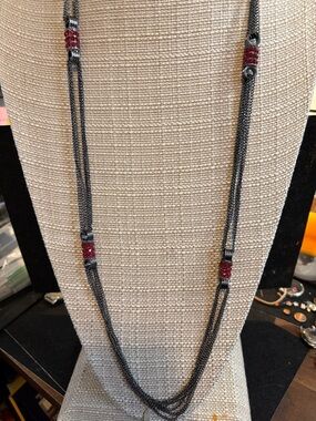 Gunmetal Chain Necklace with Red Crystal Accents